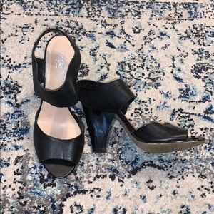 Black leather open-toed heels